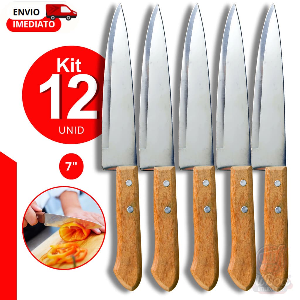 Faca de Cozinha Aço Inox 7" Cabo de Madeira Kits Variados Corte Preciso Uso Diário