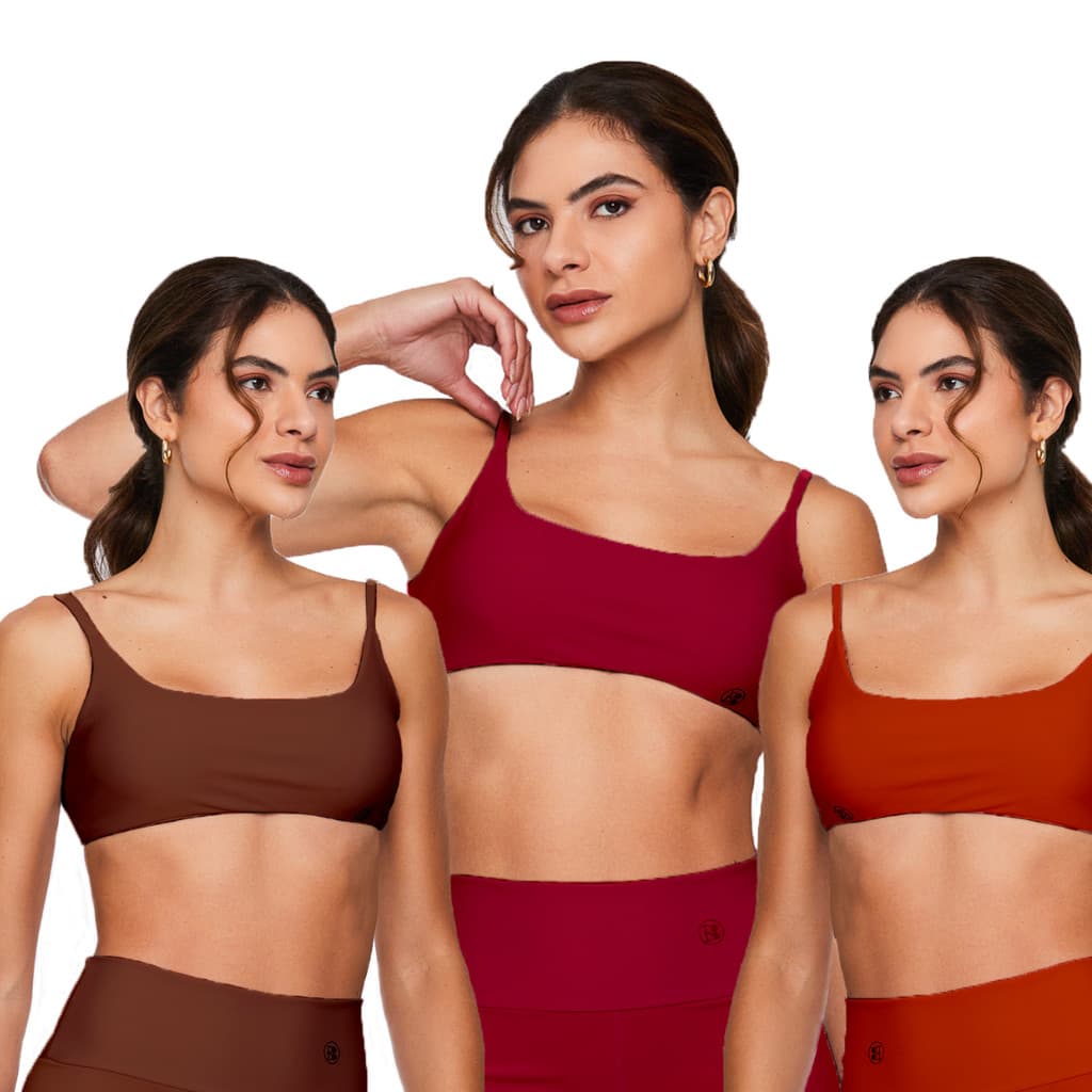 Kit 3 Top Faixa Feminino Tons Terrosos - Academia Treino Yoga Fitness Bojo Removível Alças Finas