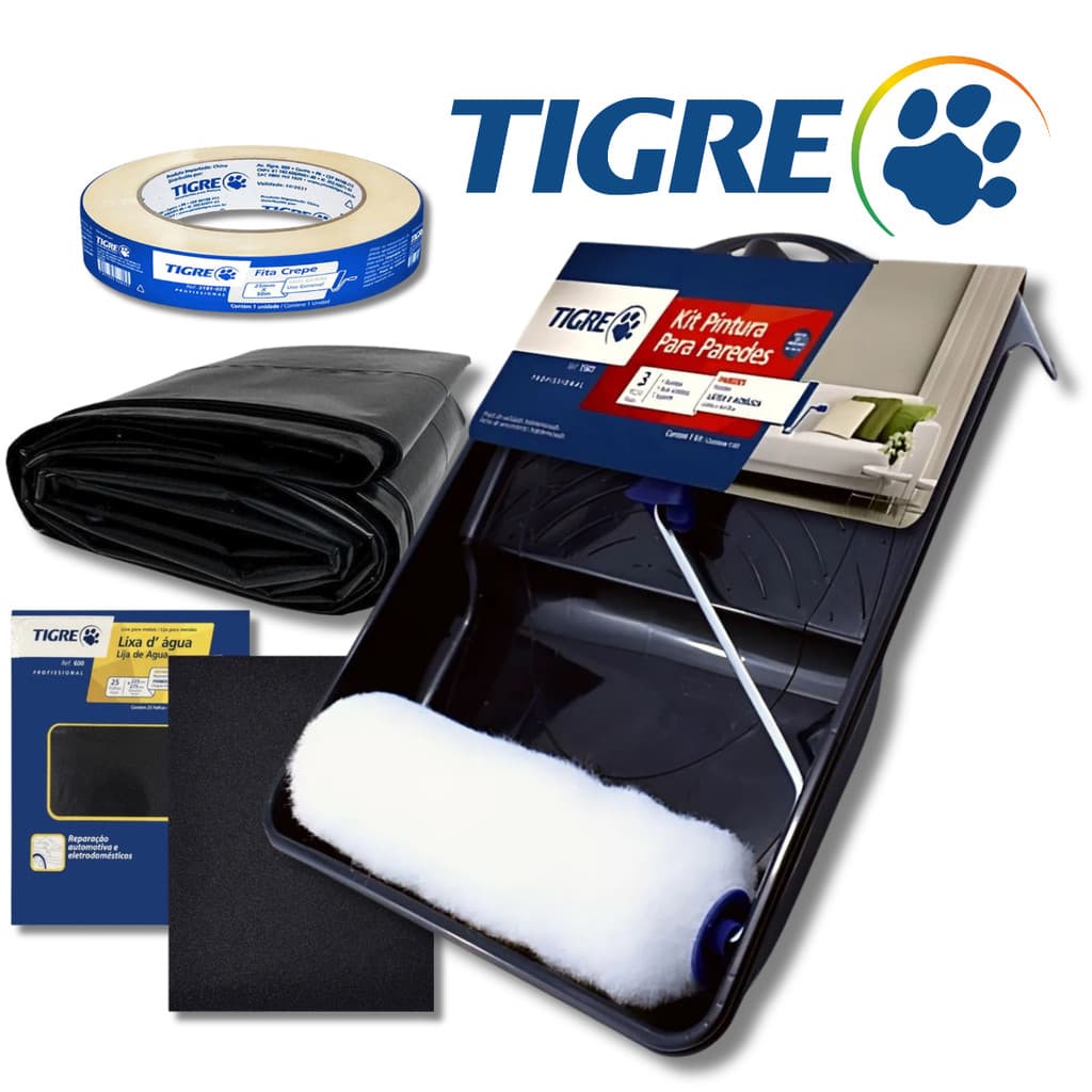 Kit Rolo De Pintura Tigre Lã Econômica + Fita Crepe 24mmx50M + 2 Metros Lona de Pintura
