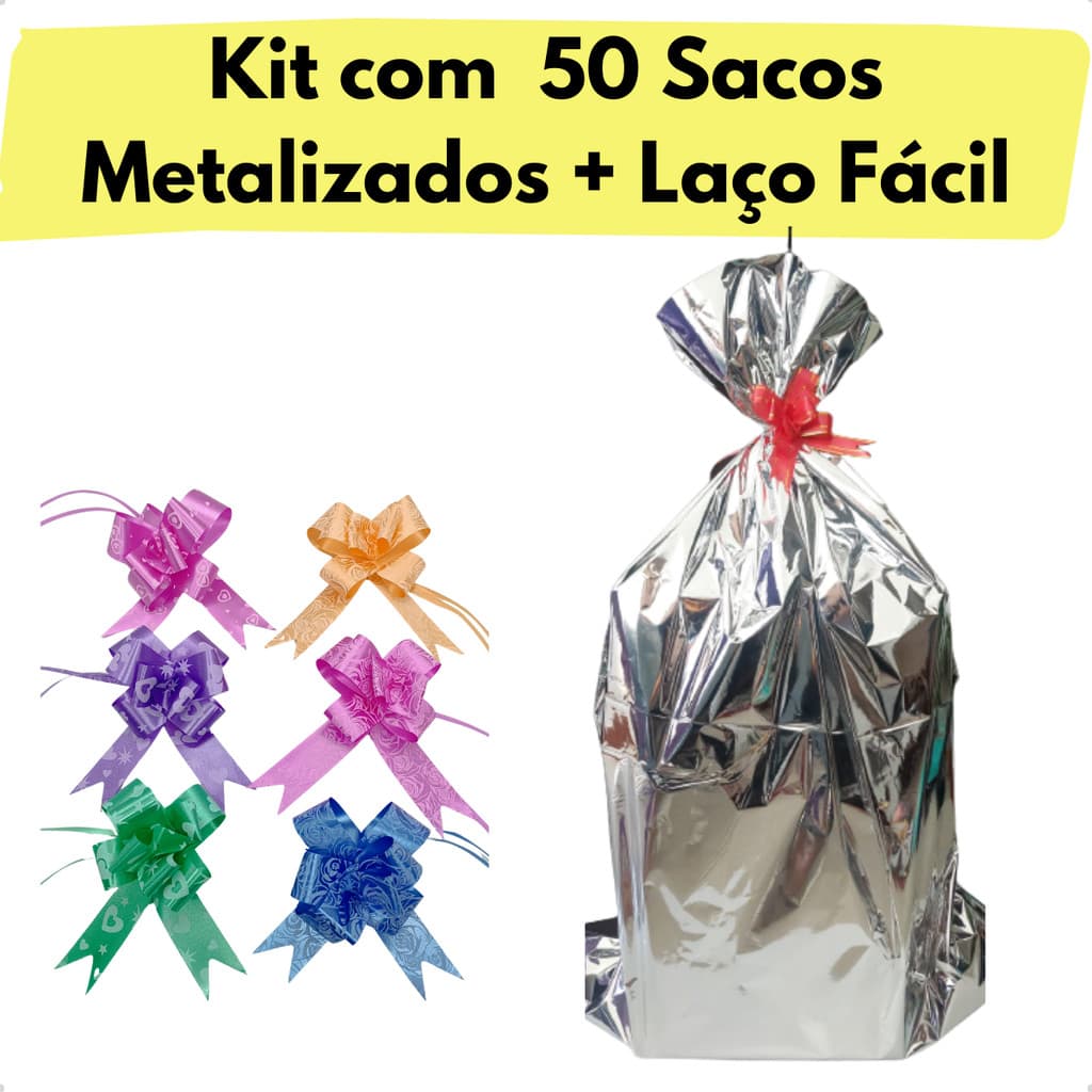 Kit 50 Saco Metalizado Presente 60X90 Com Fita Laço Facil