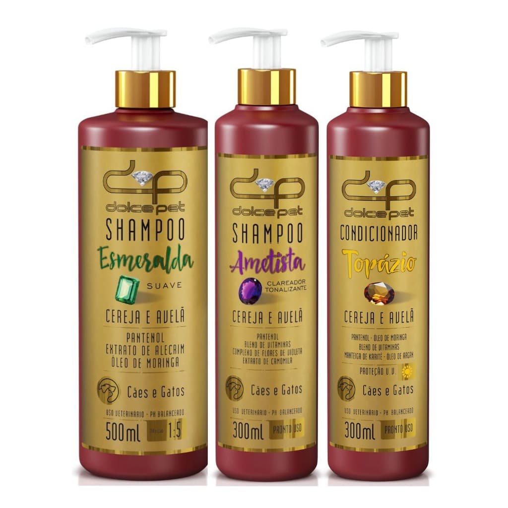 Kit Dolce Pet Shampoo Suave + Shampoo Clareador Tonalizante + Condicionador Cereja Avelã Cães Gatos