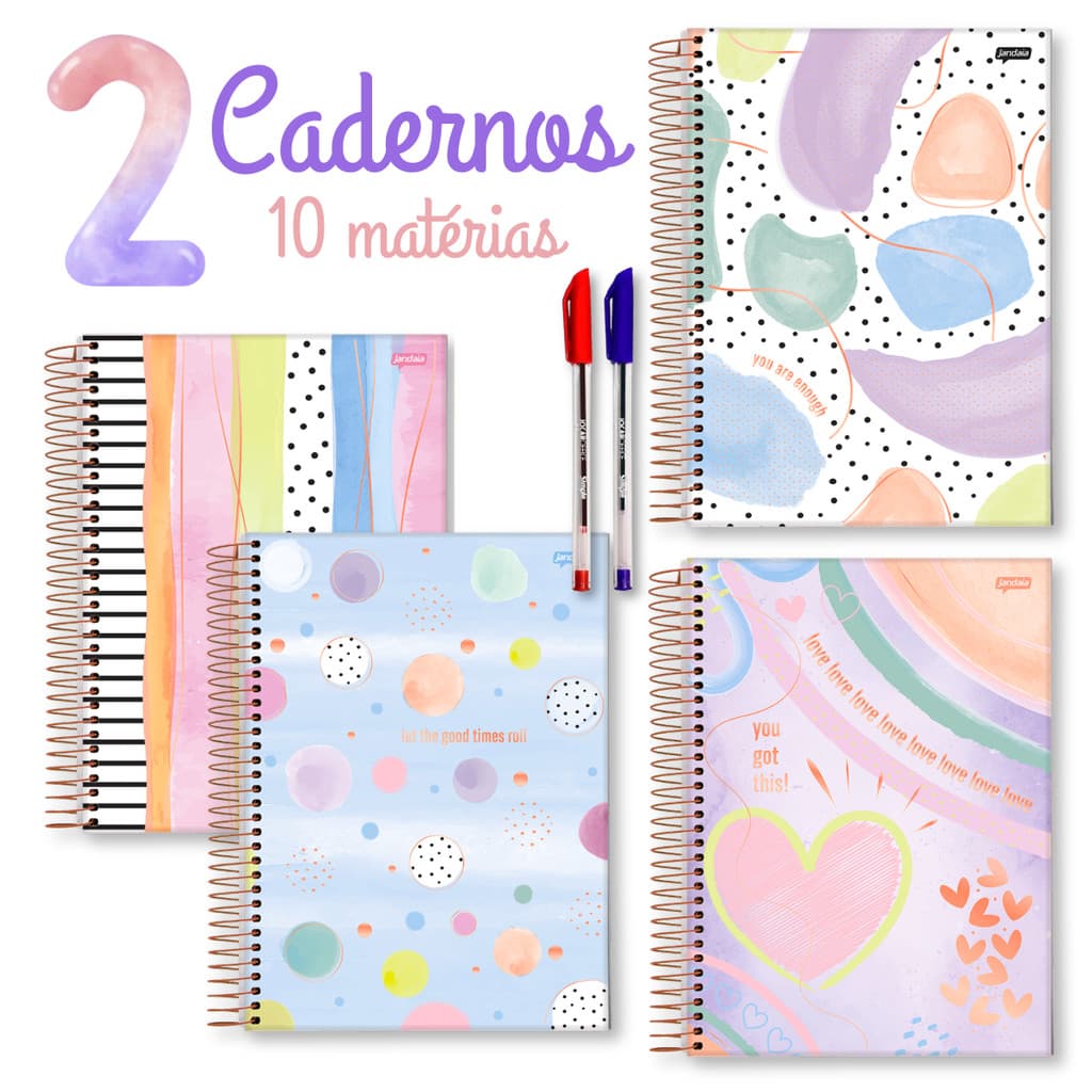 2 Caderno Universitario La Creme 10 Matérias Feminino Capa Dura Menina Espitral Grande + 2 Canetas