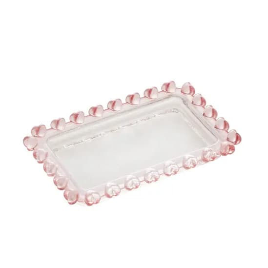 Mini Travessa Retangular de Cristal Coração Borda Rosa 10,5cm x 6,5cm x 1,5cm