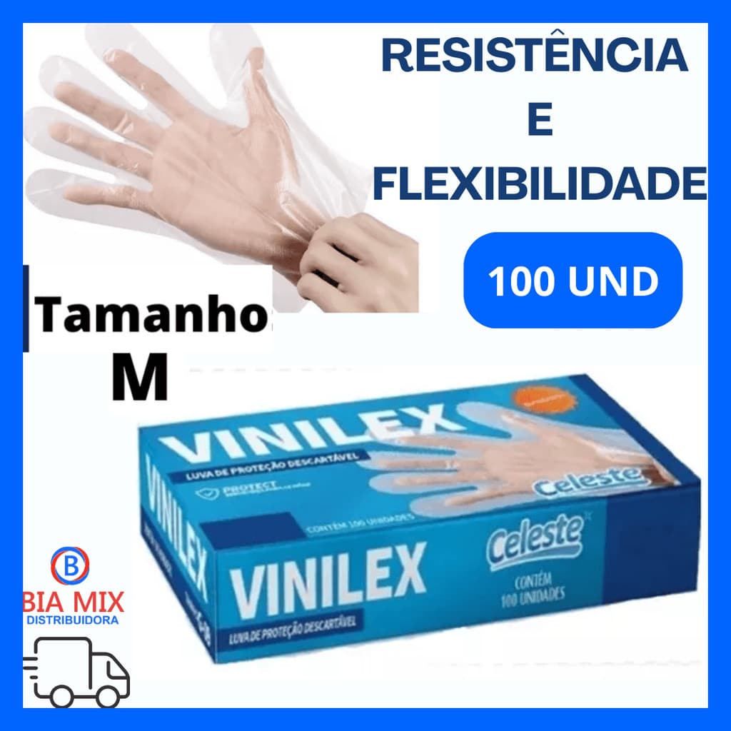 CLT-540 CELESTE LUVA DESCARTÁVEL VINILEX Tamanho M 100UN