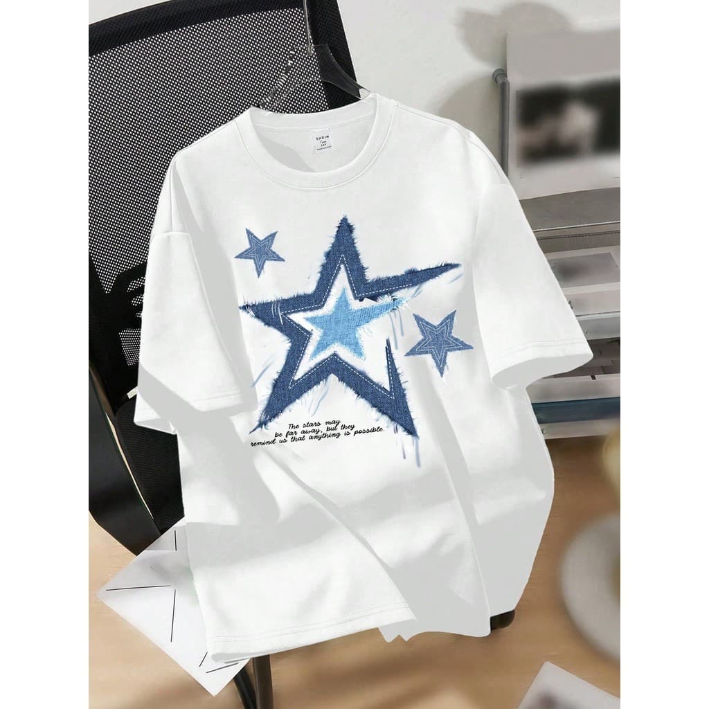 Camiseta Casual Feminina Estrelas Manga Curta, Adequada para o Verão