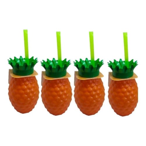 4 Copos Abacaxi C/ Canudo 300 Ml Plástico Injetemp Original