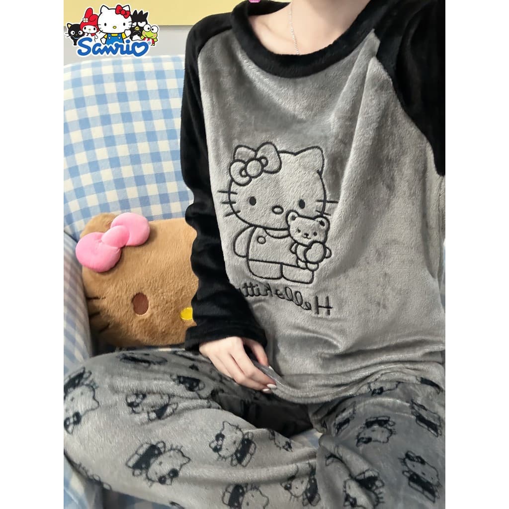 Conjunto de Pijama de Flanela Impressa Sanrio Hello Kitty com Moletons de Estampa de Gato, Mangas Longas Raglan e Calças