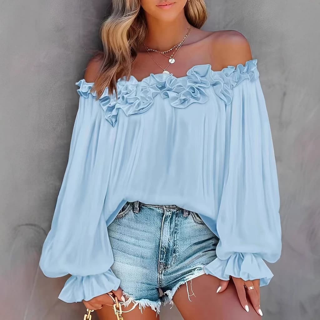 Blusa de Manga Longa com Babados e Ombros Descidos para Mulheres, Estilo Elegante e Casual, Nova Venda Quente de Início