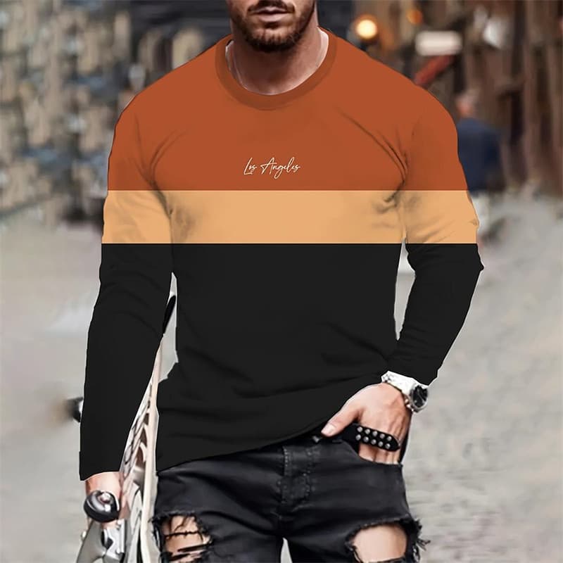 Camiseta Masculina Listrada Monocromática Estampada Outono 3D Impressa casual Manga Comprida Harajuku Relaxada E Respirá