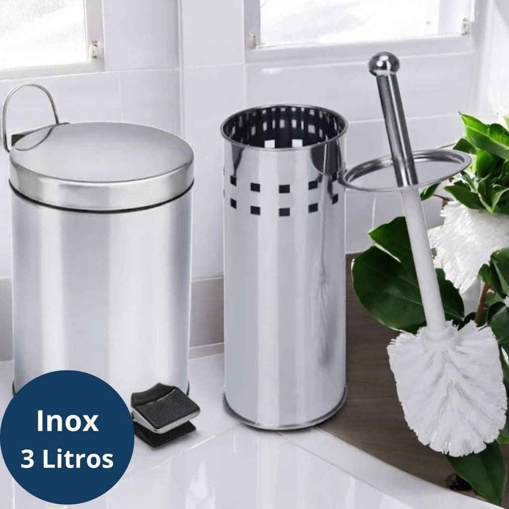 Kit Lixeira Inox 3 L Para Banheiro Com Pedal e Cesto mais Escova Com Suporte em Inox ou Somente a Escova