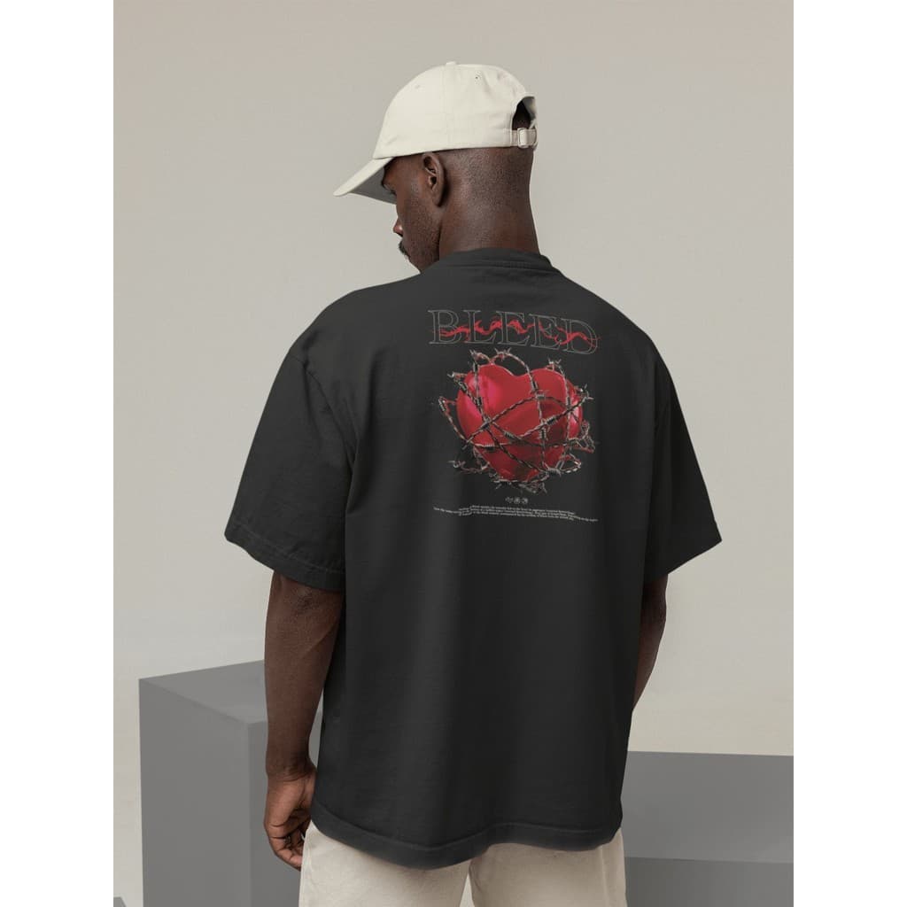 Camisa Camiseta Oversized Streetwear Masculino Urbano para Treino e Dia a Dia Preto e Off Whte Estampado - Bleed
