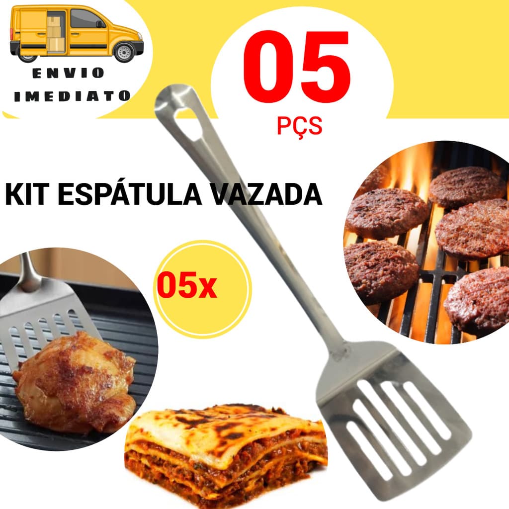 05 Espatula de Inox Vazada para Cozinha Espátula Resistente Cozinha Restaurante Bar Buffet Atacado Aço Inoxidável