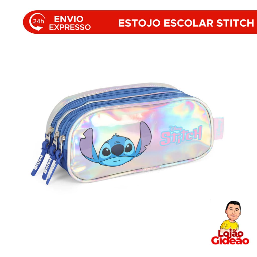 Estojo Escolar Stitch Prata Holográfico Infantil Com 3 Divisórias Para Canetinha Lapis De Cor