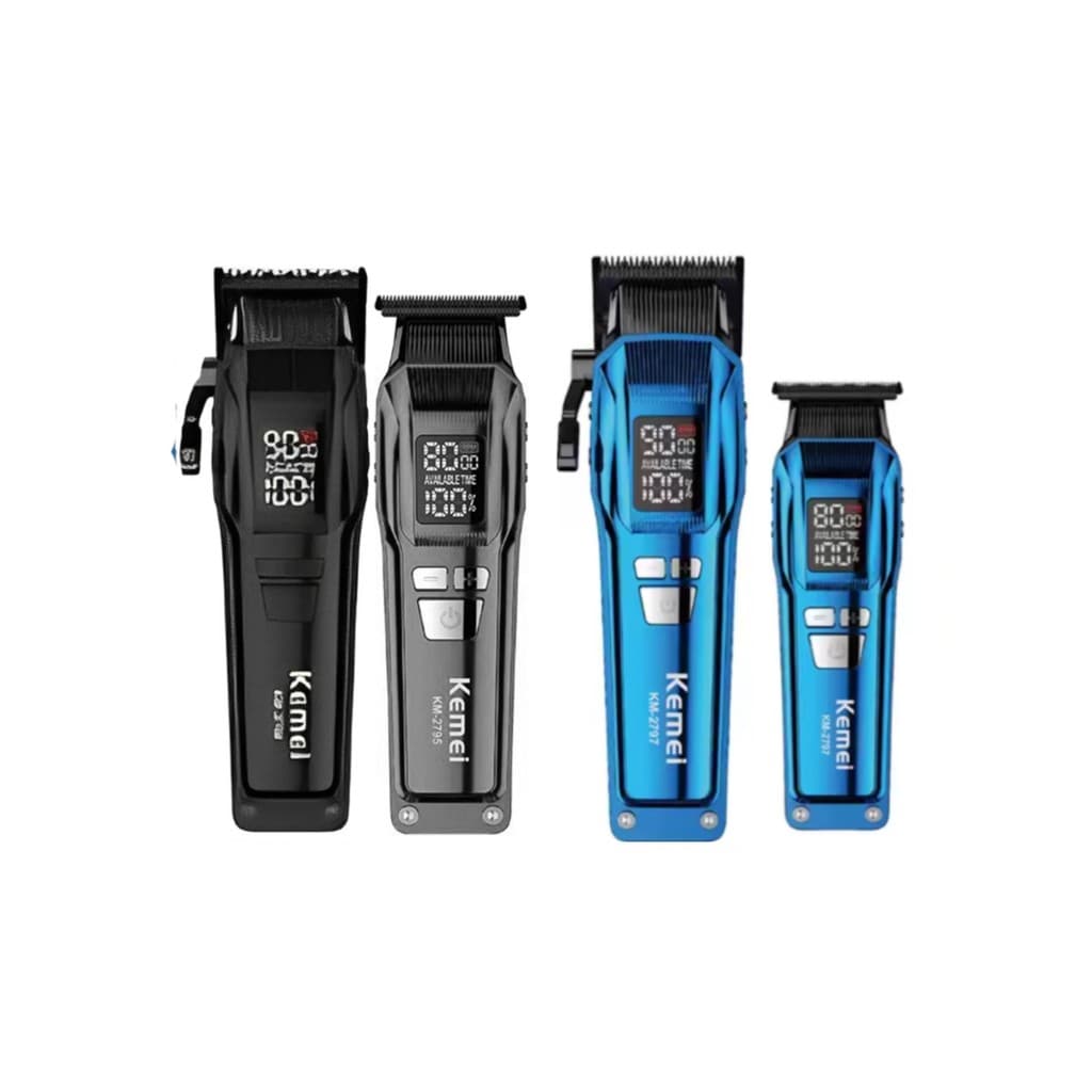 Kit Máquina de Corte Profissional Kemei KM-2797 + Máquina de Acabamento Recarregável Display LCD Barbeiro