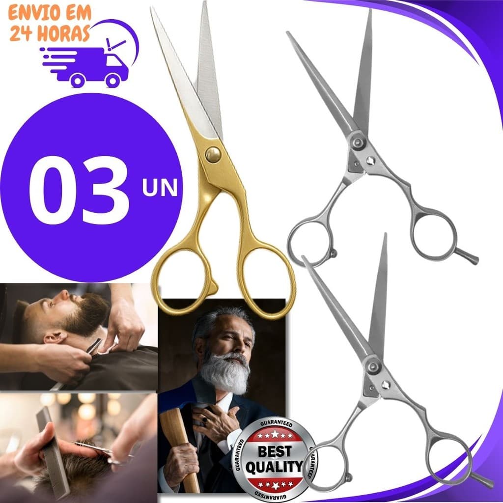Tesoura Cabeleireiro Profissional 6" Aço Inoxidável Barbearia e Salão 3, 2 ou 1 unidade
