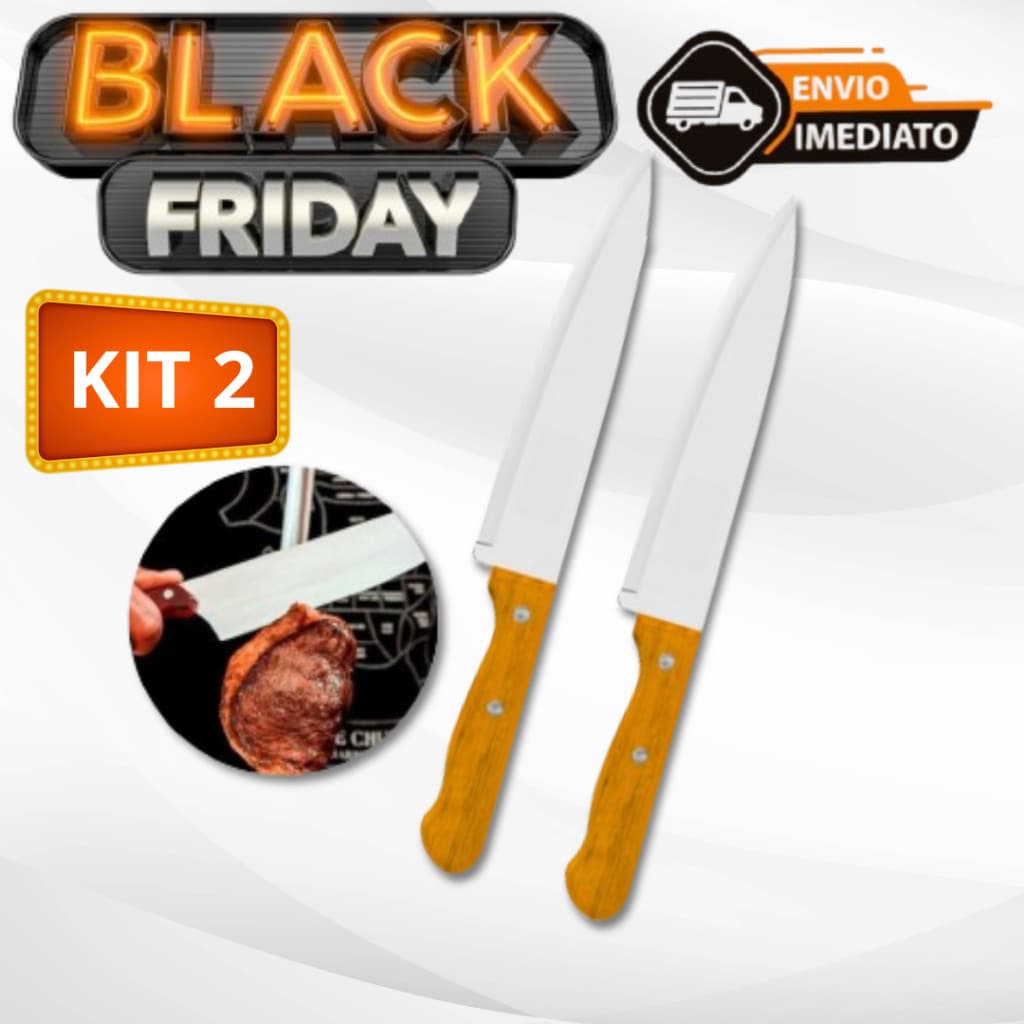 Kit 02 Faca De Cozinha Inox Profissional 7 Do Chef Cabo Madeira 30CM