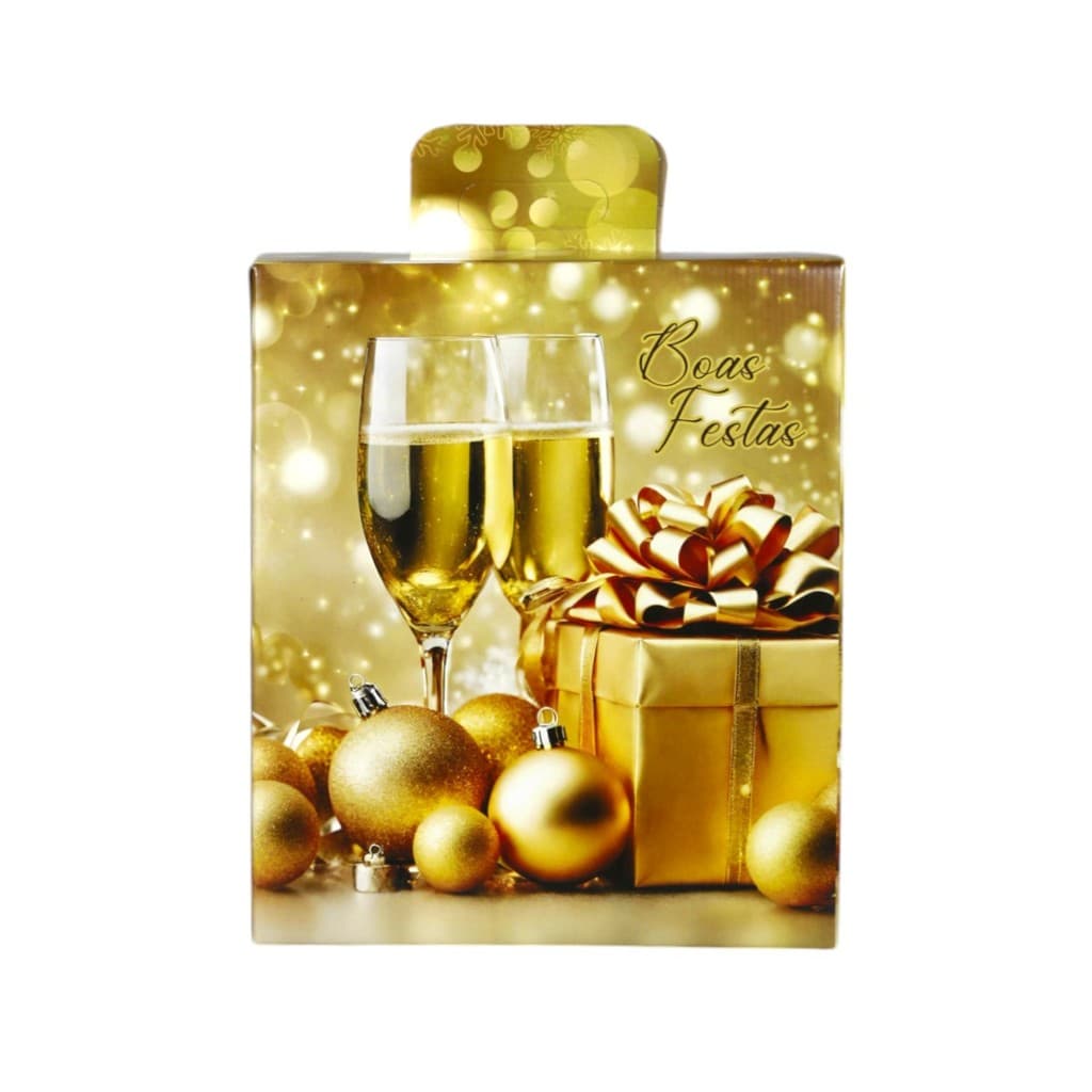 Caixa Decorativa M Dourada Boas Festas com Taças Espumante para Decoração de Natal