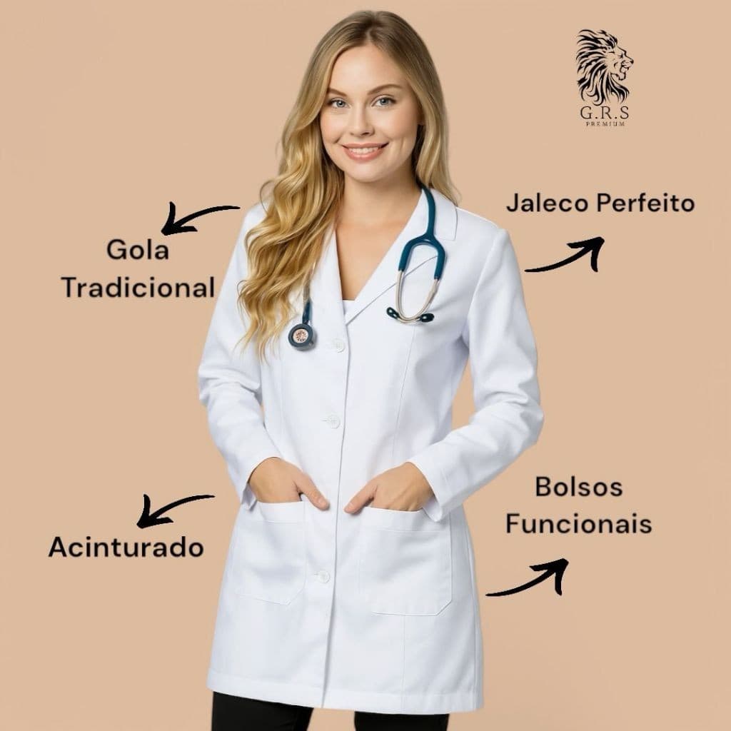 Jaleco Feminino Oxford Branco Botão Embutido Gola Blazer Acinturado Manga Longa Oxford Para Estágio
