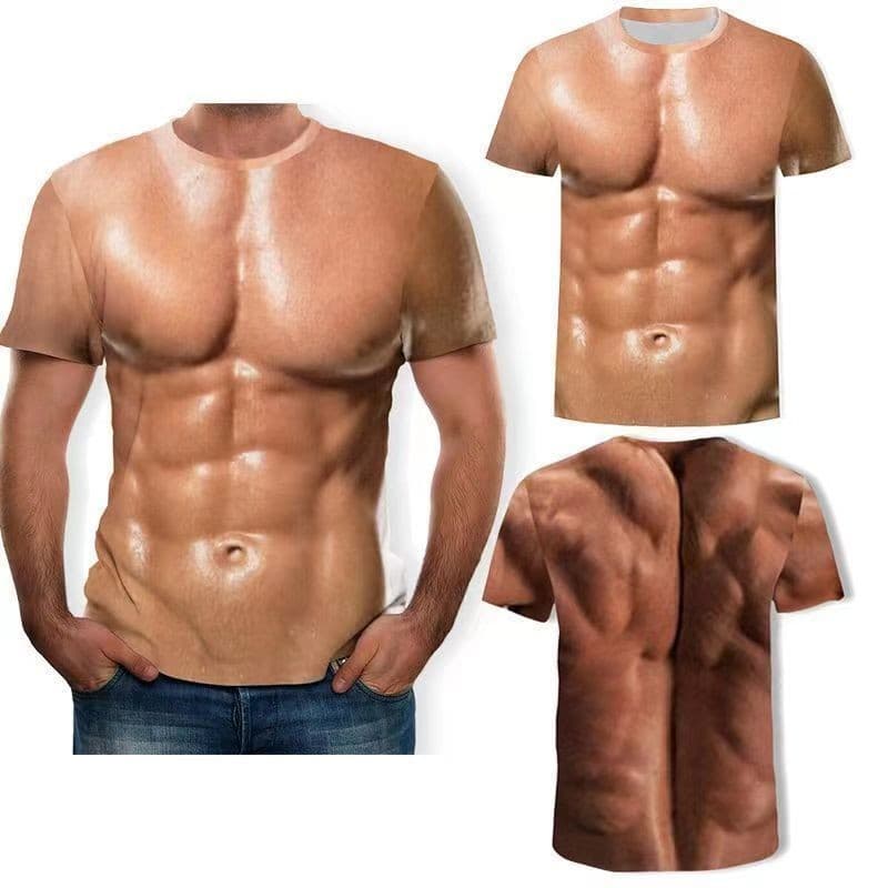 Criativo Engraçado Macho Músculo Maravilhoso Roupas Masculinas De Manga Curta Camiseta 3D Padrão Tridimensional Único Fa