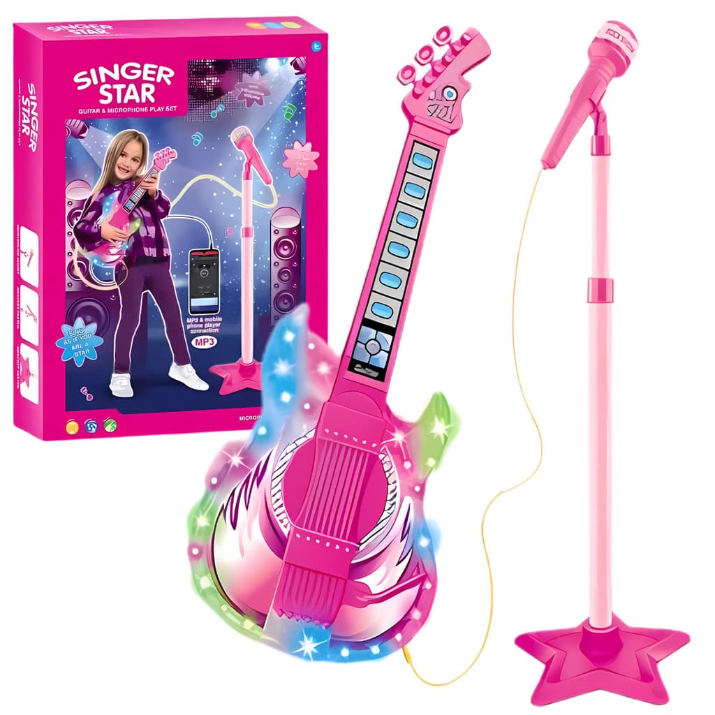 Guitarra Musical Infantil Rosa 48 Cm Com Microfone E Luz Castela