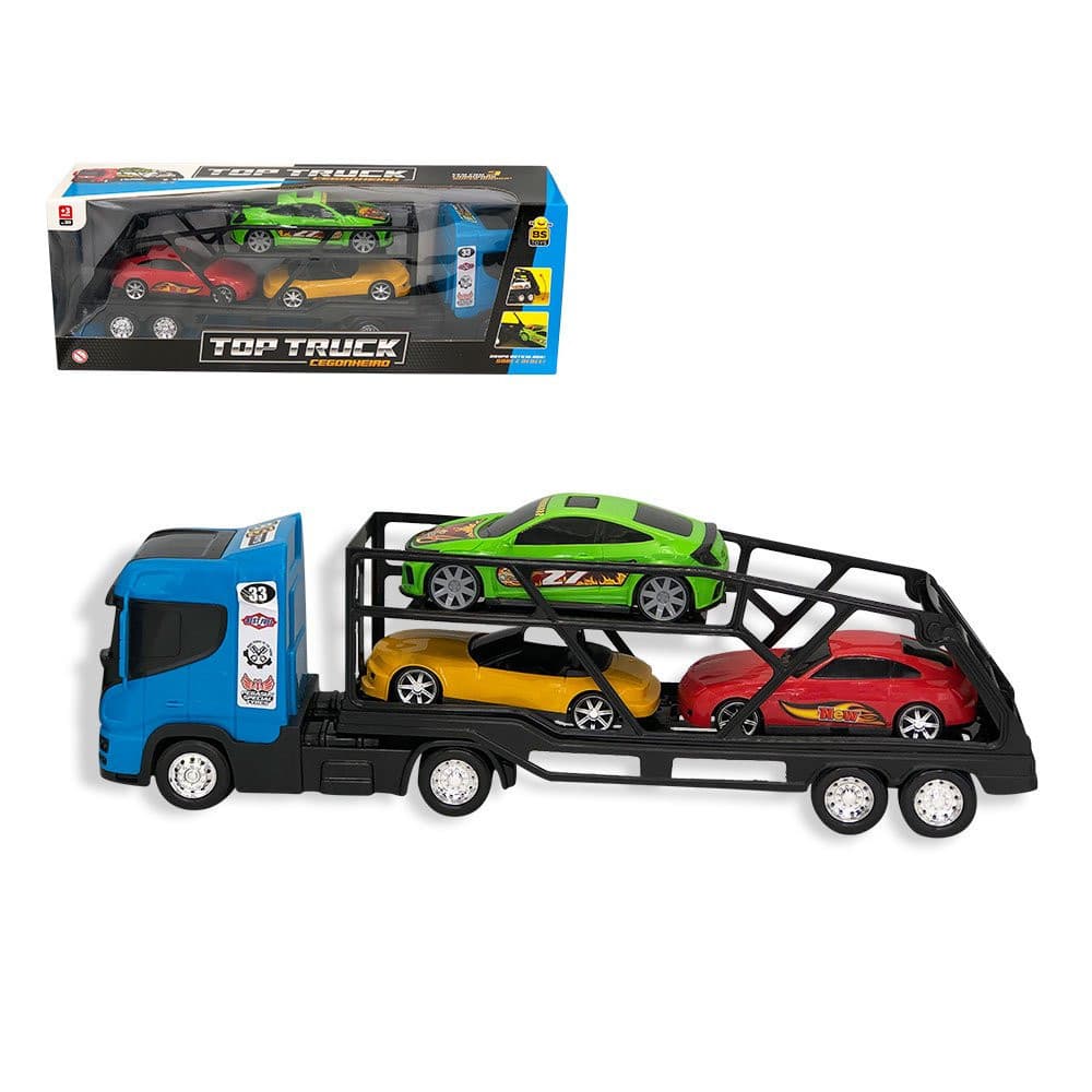 Caminhão Cegonheiro Grande 3 Carrinhos Azul Brinquedo Infantil Diversão Transporte Criatividade