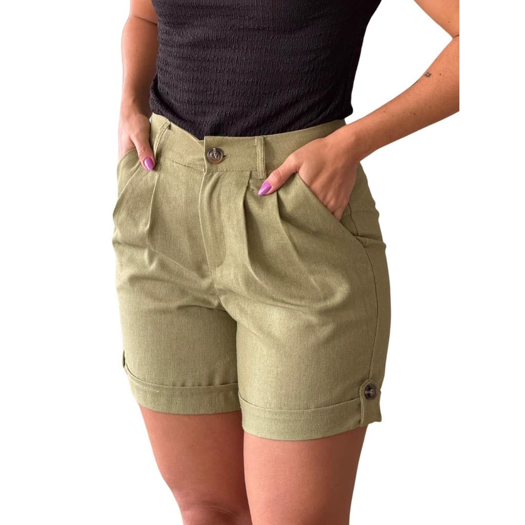 Short Feminino Viscolinho com Pregas Bolsos Laterais Verão Estilo Bermuda Tendência Cintura Alta