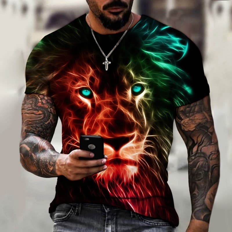Camiseta Masculina De Verão 3D Leão Impressão Oversized Moda Street Wear Harajuku Manga Curta Em Torno Do Pescoço
