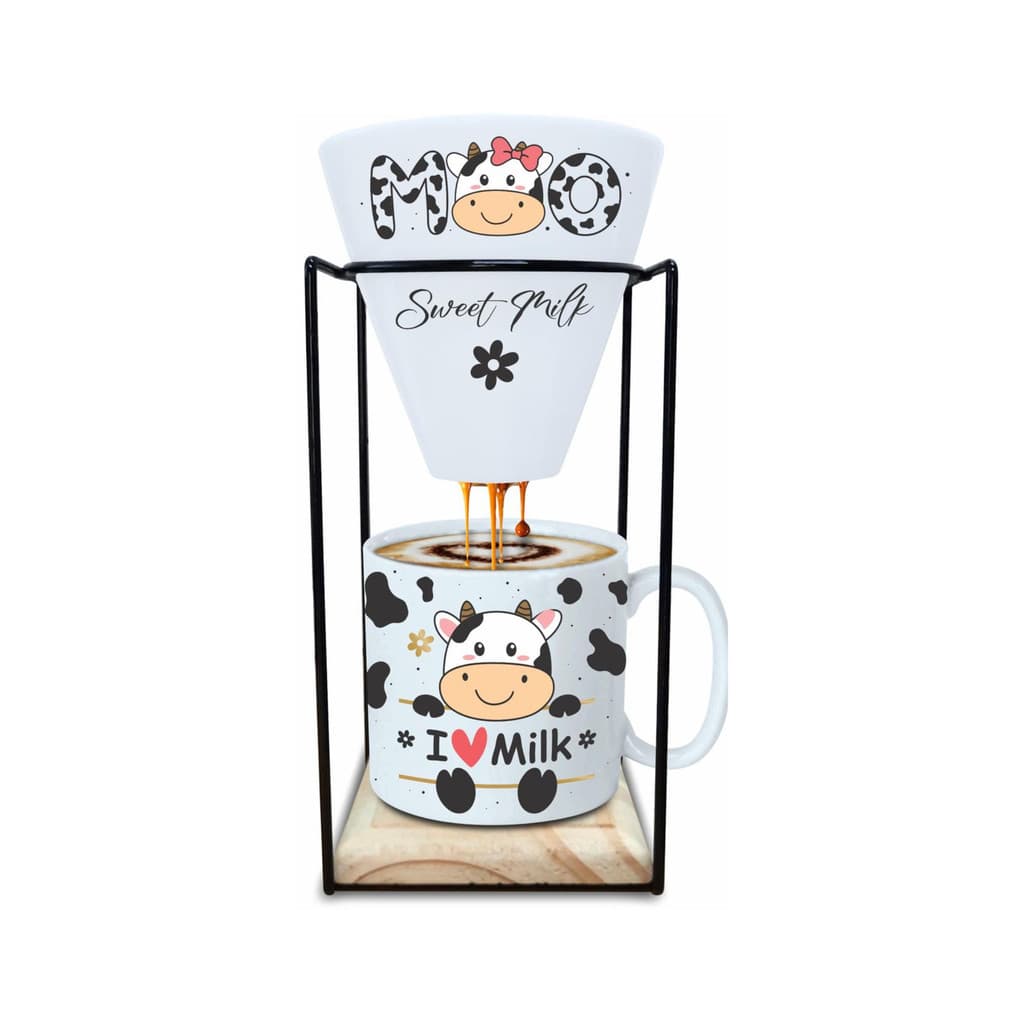Conjunto Coador Suporte Vaquinha Cerâmica Café Coado Decoração Charmosa Cozinha Presente Criativo Decorativo