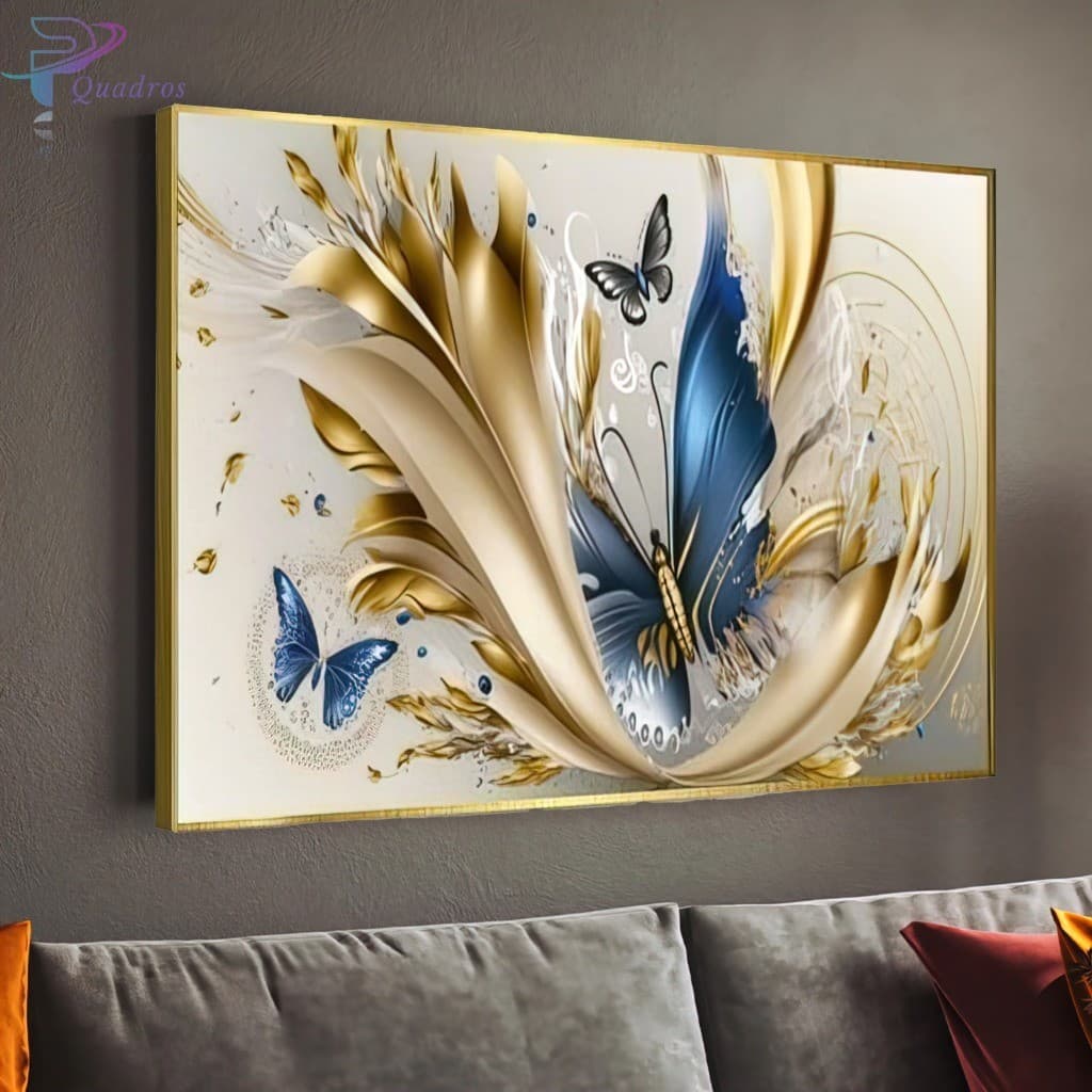 Quadro Decorativo 110x80cm Borboleta Azul Fluido Gold Dourado Casa Sala Quarto Decoração De Parede
