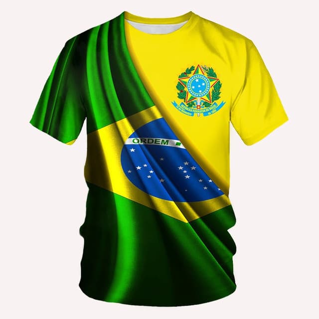 Camiseta Masculina De Verão Brasil Emblema Nacional Bandeira Impressão Casual Solta Manga Curta Tamanho Grande Roupas Ma
