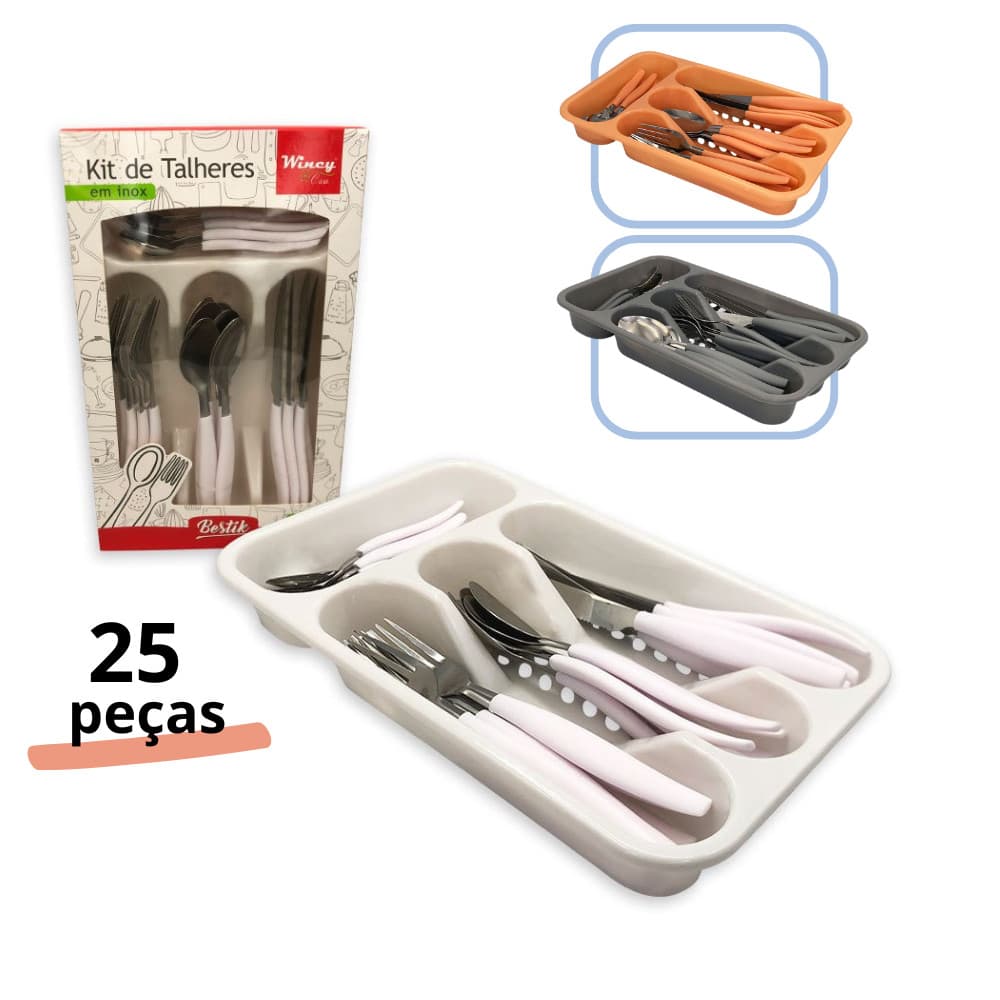 Jogo De Talheres Inox Com 2 Peças + Suporte Gaveteiro