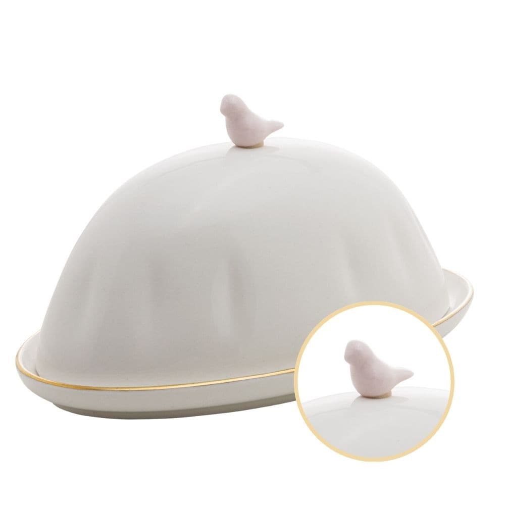 Manteigueira de Porcelana Branca com Tampa Birds Rosa 16x10cm Wolff
