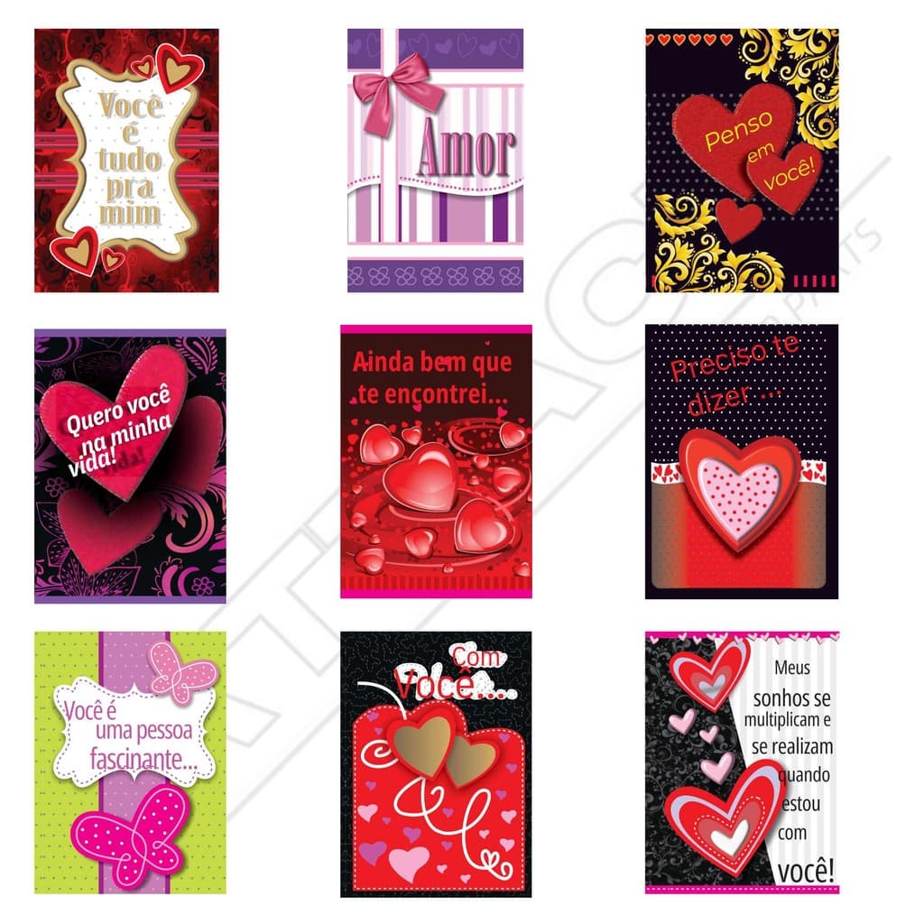 Kit c/ 54 Cartões Amor/Carinho Frases Especiais Estampa love