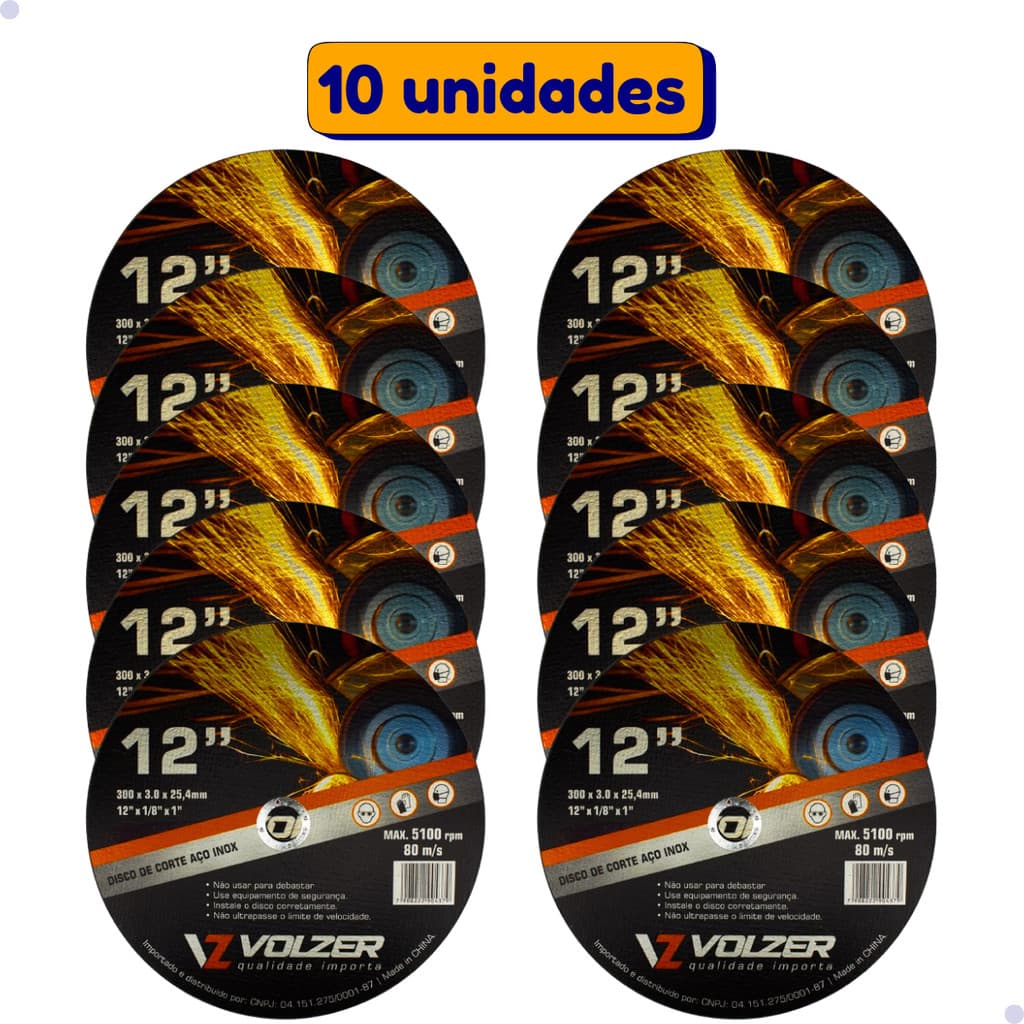 Kit 10 Discos de Corte Aço Inox Volzer 12 Pol x 3mm x 1"