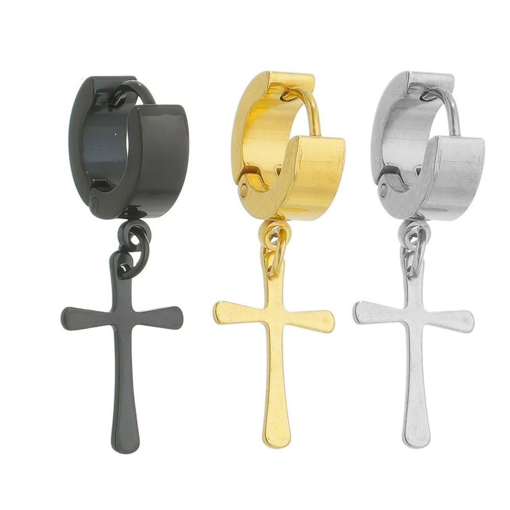 Brinco de Argola Masculino e Feminino em Cruz Furo Aço Inoxidável Pronta Entrega Anti Alérgico Brincos