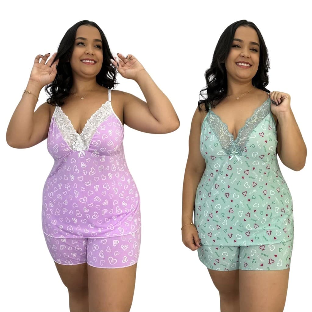 Kit 2 Pijama Baby Doll Plus Size C/ Renda Fresquinho Shortinho Verão