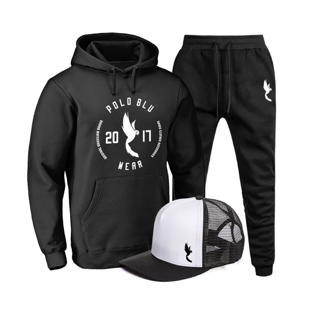 Conjunto Blusa Casaco Calça Moleton Boné Confortável Preto