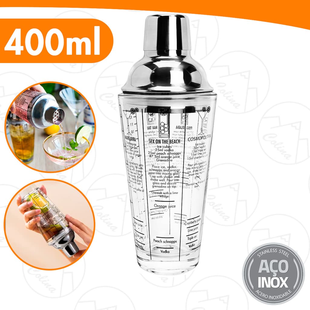 Coqueteleira De Vidro E Aço Inox Com Tampa 400ML Profissional Barman Drinks Bebidas Kolling Sell