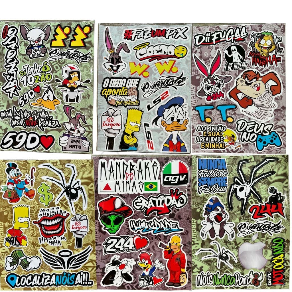 Kit 6 Cartelas Adesivos Carro Moto Caminhão Bike Cross Note