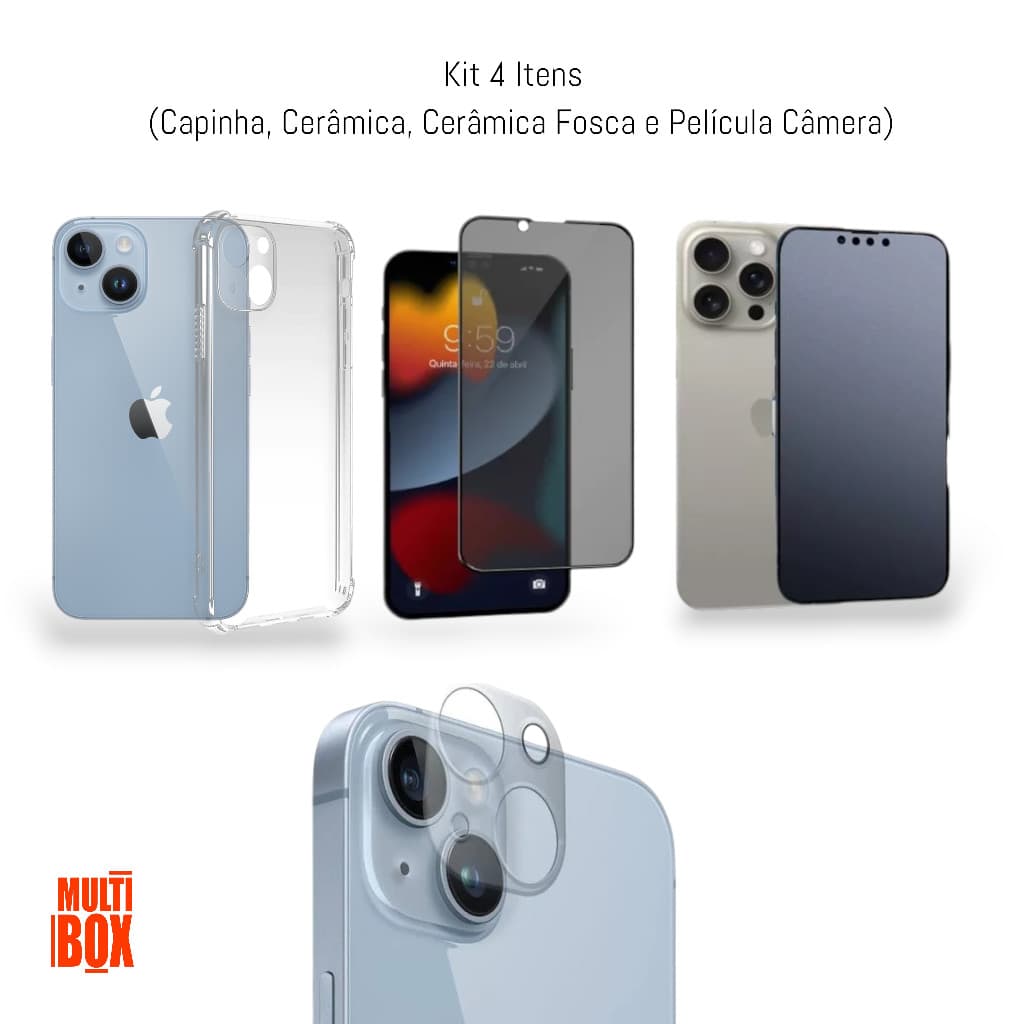Kit Proteção 4 Em 1: Capa + Película 3D Privacidade + Película Fosca Privacidade + Película Câmera Para Iphone 14 Plus