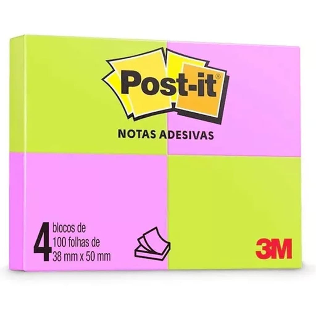 Bloco adesivo 38x50 100 fls verde e rosa POST-IT 3M