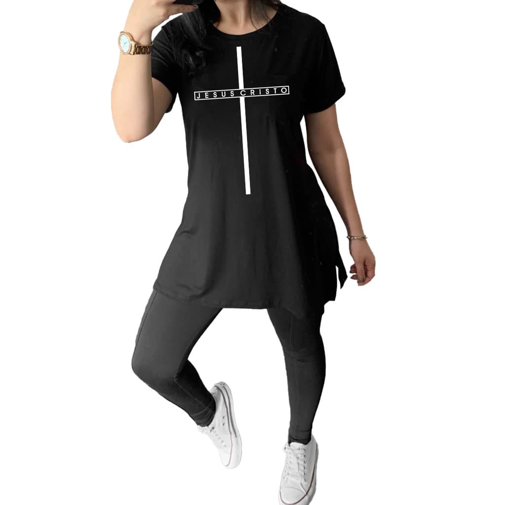 Blusa Longline Feminina Legging Cruz Jesus Cristo Fitness