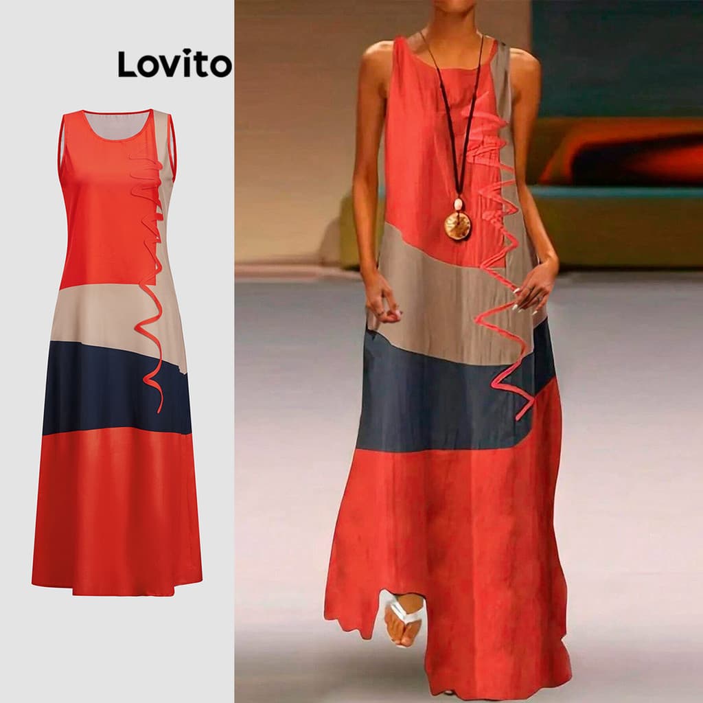 (Lovito x Glenda) Casual Vestido Padrão Geométrico Vestido Básico Para Mulheres LBL18707