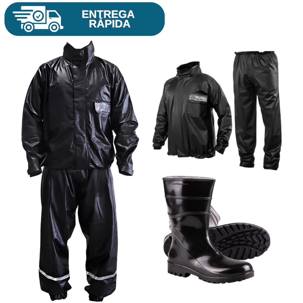 Conjunto Roupa Chuva Motoqueiro PLT + Bota Pvc Cano Médio Bracol Motociclista Motoboy Impermeável