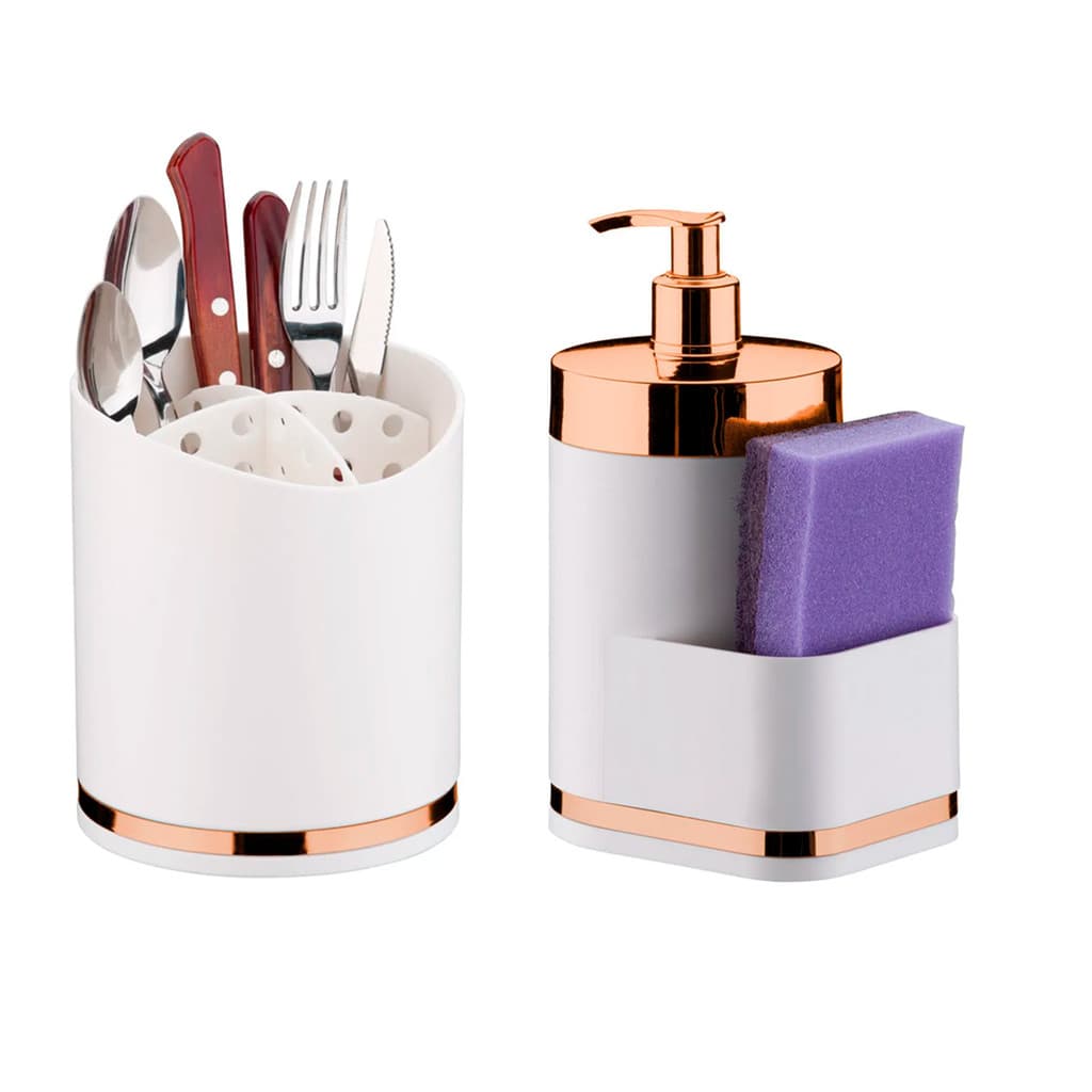 Kit Cozinha 2 Peças Dispenser Porta Detergente E Esponja Com Escorredor Porta Talheres Organizador De Pia Branco Rosé