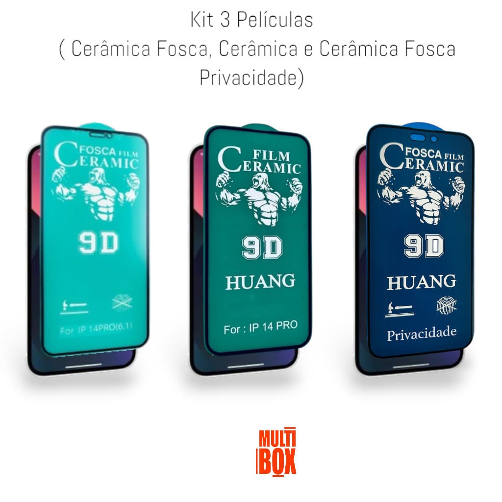 Kit 1UN Película de Cerâmica + 1UN Película Fosca + 1UN Película Fosca Privativa Para Iphone 14 PRO