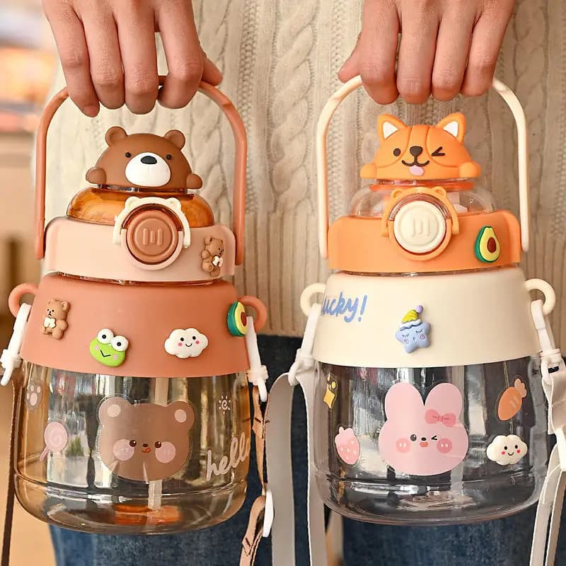 Garrafa de Urso infantil 1,5L Completa Colorida Com Canudo Alça Para Crianças + Adesivo