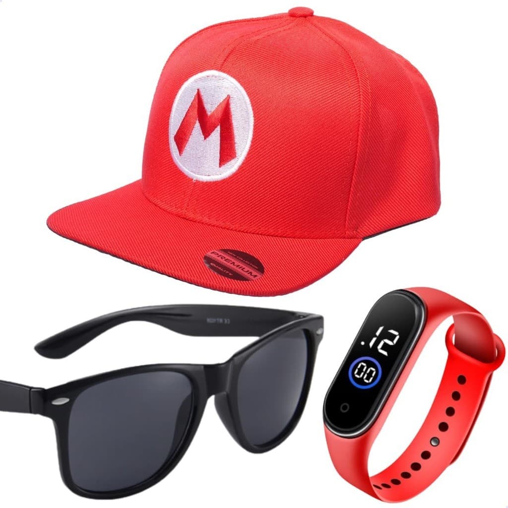 Kit Infantil - Boné Vermelho com Estampa de Personagem, Óculos de Sol, Relógio Digital de LED
