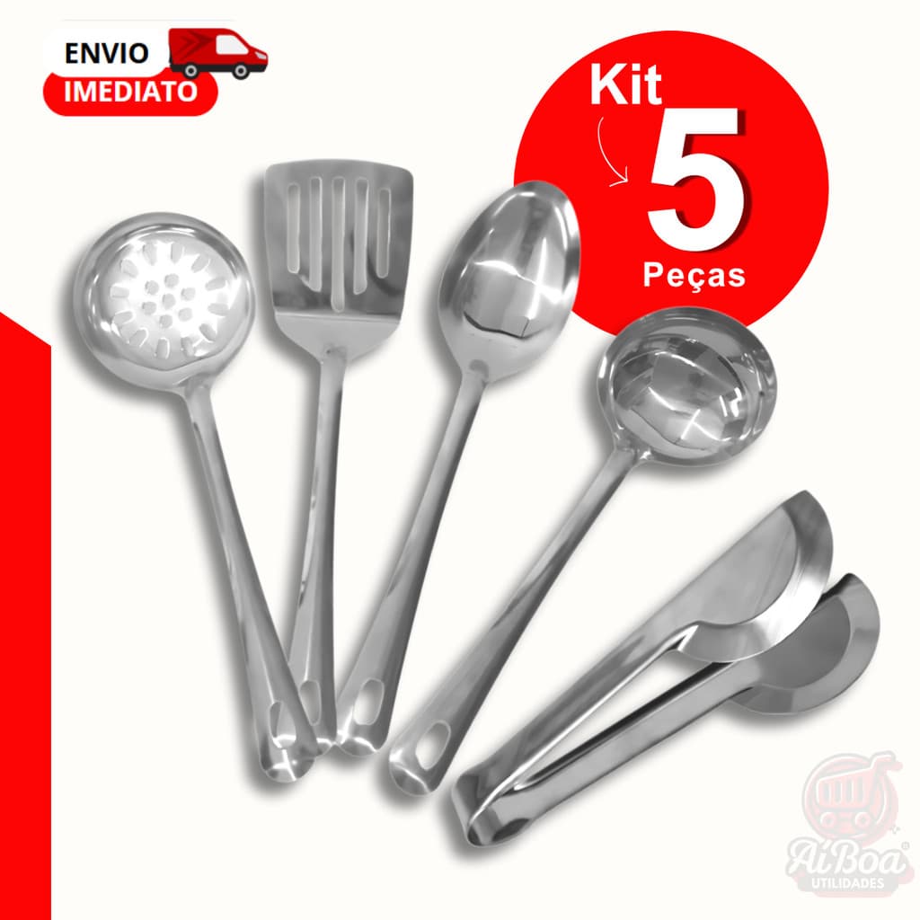 Kits de Utensilios Espátula Escumadeira Colher de Arroz Concha Pegador - Utensilios para Cozinha Aço Inox Casa