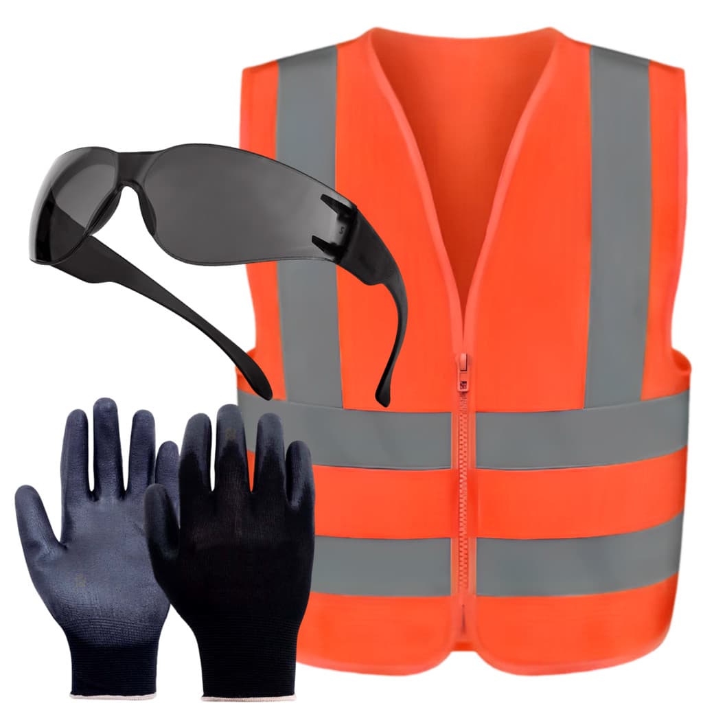 KIT Entregador Colete Laranja G, Luva G, Óculos Cinza